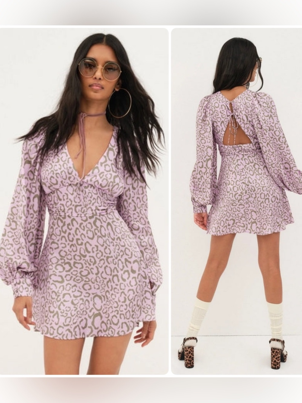 For Love & Lemons June Lilac Leopard-Print Long Sleeve Mini Dress NWT $218